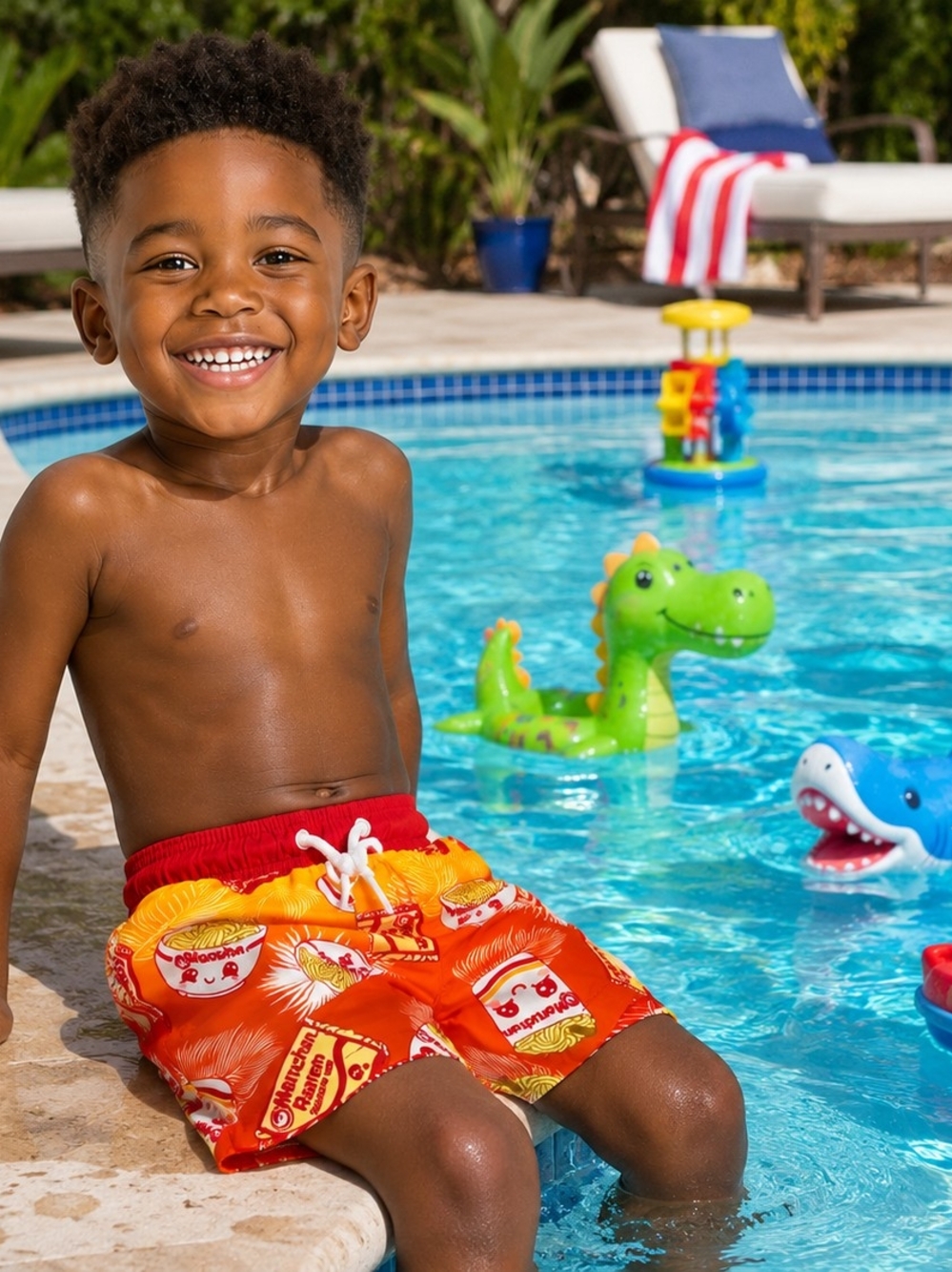 Bright Orange Boys Swim Trunks with Ramen Noodles Print - SIZE 5 NWT